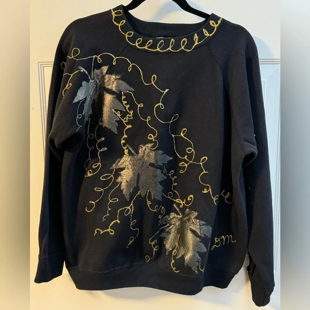 90’s Embroidered HandPainted Fall Black & Gold Leaf Sweatershirt Grannycore Lg - Picture 5 of 13